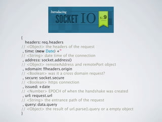 {
   headers: req.headers
// <Object> the headers of the request
 , time: (new Date) +''
// <String> date time of the connection
 , address: socket.address()
// <Object> remoteAddress and remotePort object
 , xdomain: !!headers.origin
// <Boolean> was it a cross domain request?
 , secure: socket.secure
// <Boolean> https connection
 , issued: +date
// <Number> EPOCH of when the handshake was created
 , url: request.url
// <String> the entrance path of the request
 , query: data.query
// <Object> the result of url.parse().query or a empty object
}
 