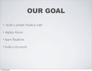 OUR GOAL
• build a simple Node.js web
• deploy Azure
• learn Realtime
• build a structure
13年4月23⽇日星期⼆二
 