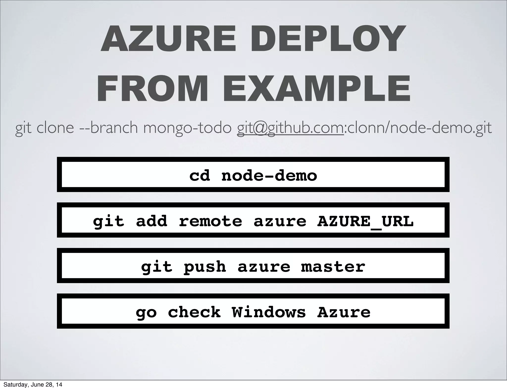 AZURE DEPLOY
FROM EXAMPLE
cd node-demo
git clone --branch mongo-todo git@github.com:clonn/node-demo.git
git add remote azure AZURE_URL
git push azure master
go check Windows Azure
Saturday, June 28, 14
 