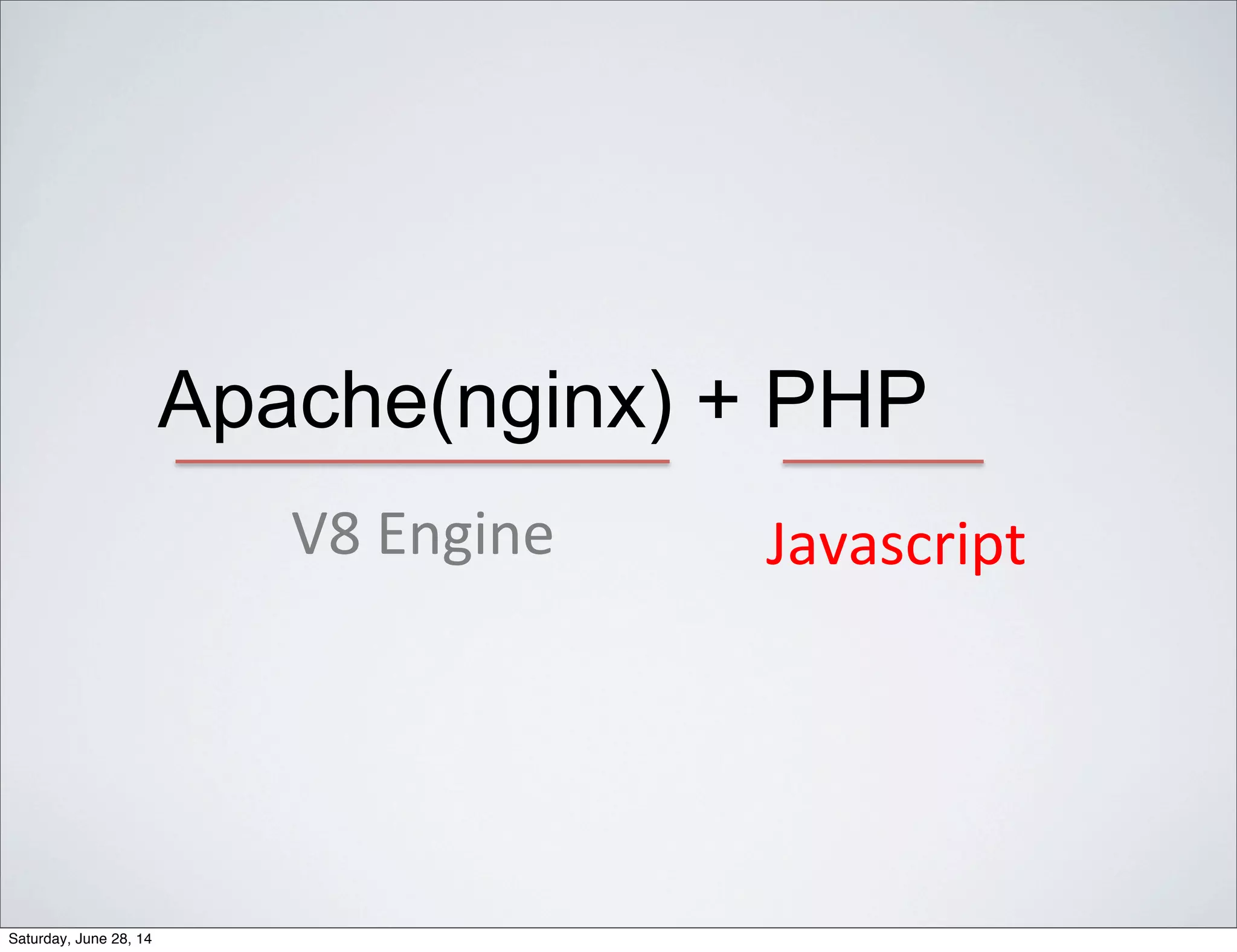 Apache(nginx) + PHP
V8#Engine Javascript
Saturday, June 28, 14
 
