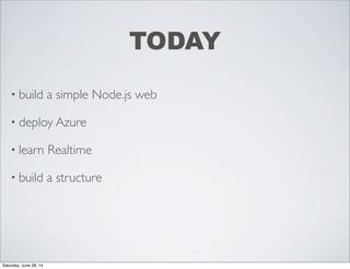 TODAY
• build a simple Node.js web
• deploy Azure
• learn Realtime
• build a structure
Saturday, June 28, 14
 