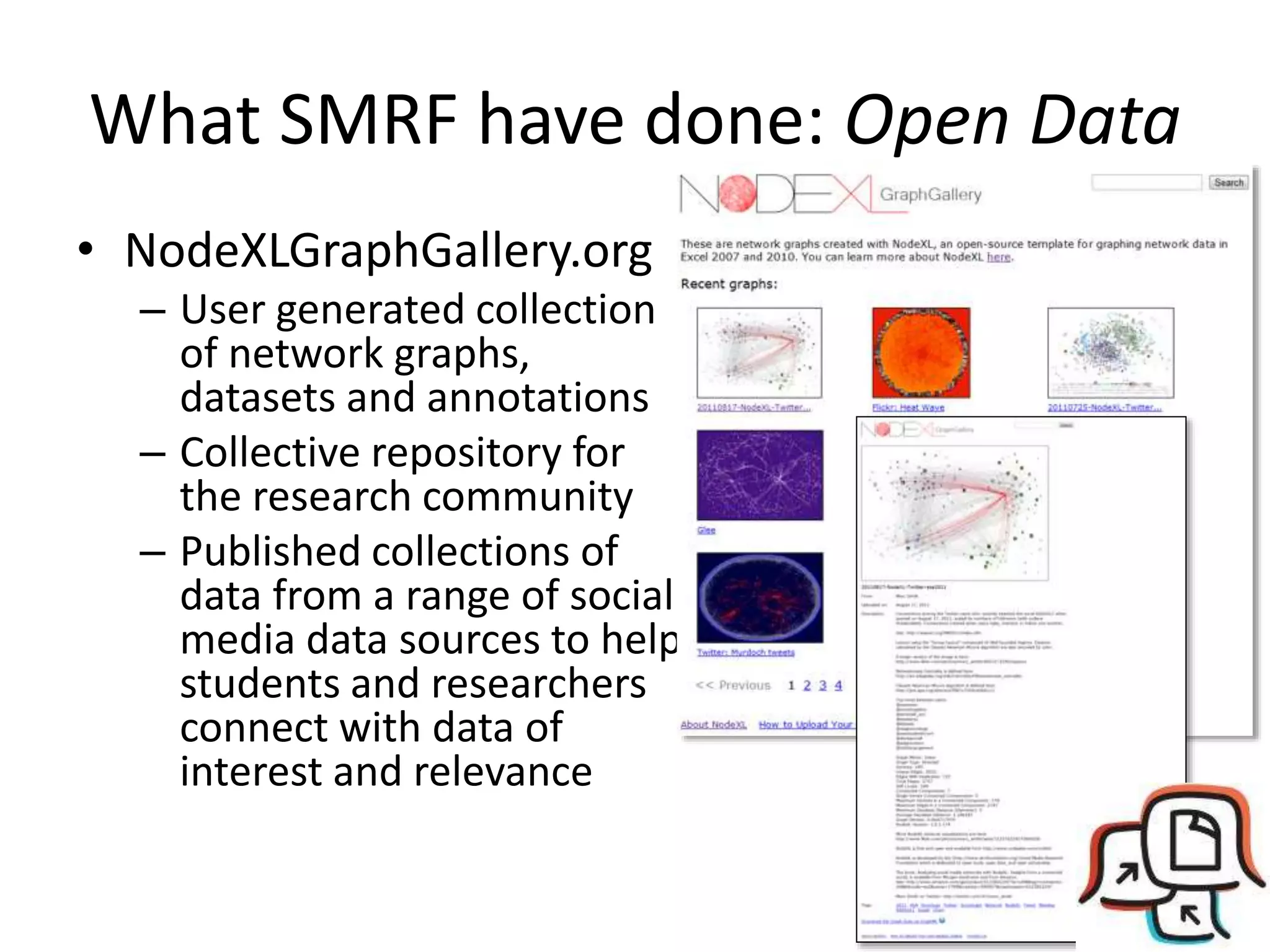 What SMRF have done: Open Data
• NodeXLGraphGallery.org
– User generated collection
of network graphs,
datasets and annotations
– Collective repository for
the research community
– Published collections of
data from a range of social
media data sources to help
students and researchers
connect with data of
interest and relevance
 