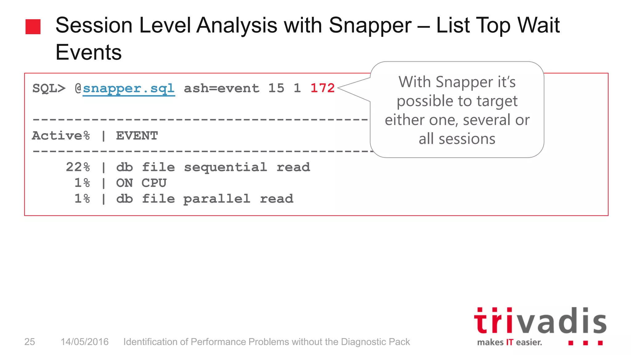 Session Level Analysis with Snapper – List Top Wait
Events
Identification of Performance Problems without the Diagnostic Pack25 14/05/2016
SQL> @snapper.sql ash=event 15 1 172
---------------------------------------------
Active% | EVENT
---------------------------------------------
22% | db file sequential read
1% | ON CPU
1% | db file parallel read
With Snapper it’s
possible to target
either one, several or
all sessions
 