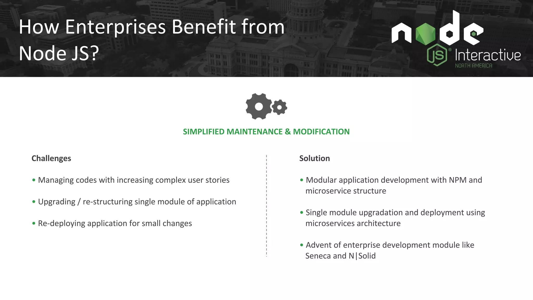 How Enterprises Benefit from
Node JS?
Challenges
• Managing codes with increasing complex user stories
• Upgrading / re-structuring single module of application
• Re-deploying application for small changes
SIMPLIFIED MAINTENANCE & MODIFICATION
Solution
• Modular application development with NPM and
microservice structure
• Single module upgradation and deployment using
microservices architecture
• Advent of enterprise development module like
Seneca and N|Solid
 