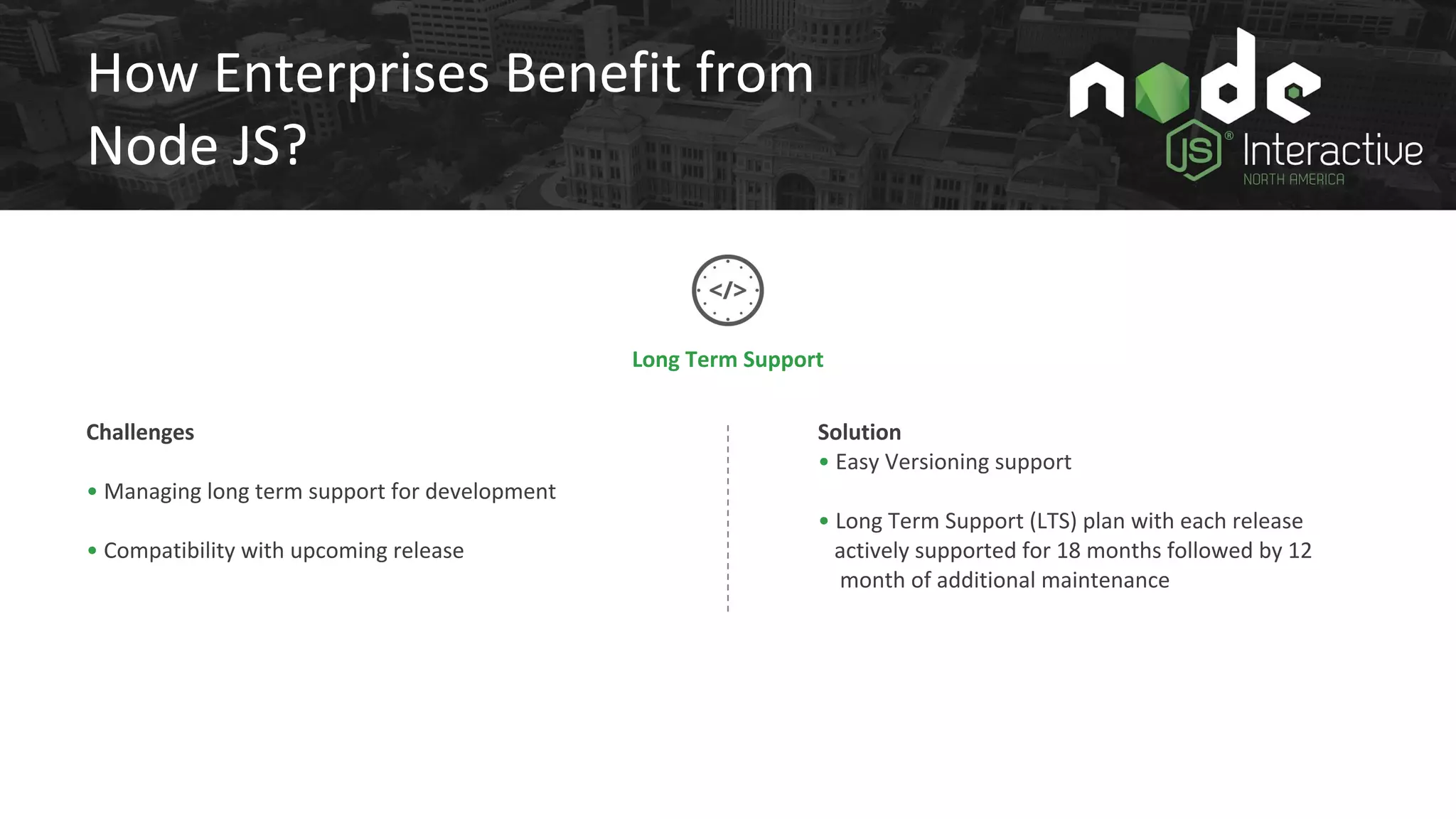 How Enterprises Benefit from
Node JS?
Challenges
• Managing long term support for development
• Compatibility with upcoming release
Long Term Support
Solution
• Easy Versioning support
• Long Term Support (LTS) plan with each release
actively supported for 18 months followed by 12
month of additional maintenance
 