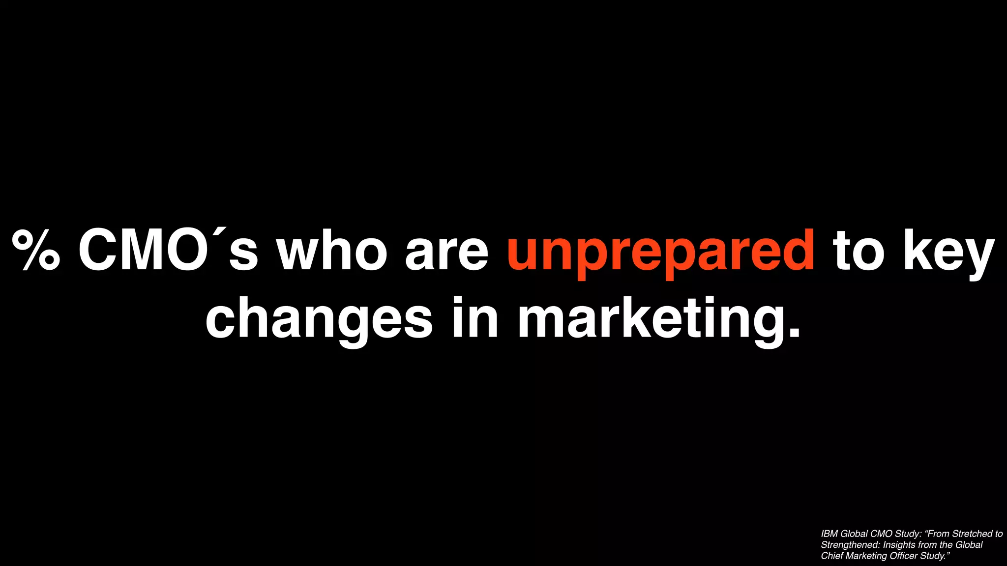 % CMO´s who are unprepared to key
     changes in marketing.


                           IBM Global CMO Study: “From Stretched to
                           Strengthened: Insights from the Global
                           Chief Marketing Ofﬁcer Study.”
 