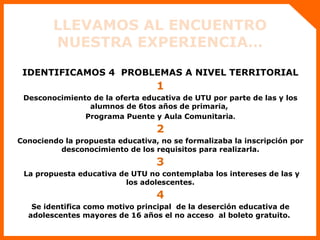 LLEVAMOS AL ENCUENTRO NUESTRA EXPERIENCIA… IDENTIFICAMOS 4  PROBLEMAS A NIVEL TERRITORIAL 1 Desconocimiento de la oferta educativa de UTU por parte de las y los alumnos de 6tos años de primaria,  Programa Puente y Aula Comunitaria . 2 Conociendo la propuesta educativa, no se formalizaba la inscripción por desconocimiento de los requisitos para realizarla. 3 La propuesta educativa de UTU no contemplaba los intereses de las y los adolescentes. 4 Se identifica como motivo principal  de la deserción educativa de adolescentes mayores de 16 años el no acceso  al boleto gratuito.  