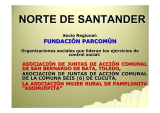 NORTE DE SANTANDER
                       Socio Regional:
               FUNDACIÓN PARCOMÚN
     Organizaciones sociales que lideran los ejercicios de
                         control social:

1.   ASOCIACIÓN DE JUNTAS DE ACCIÓN COMUNAL
     DE SAN BERNARDO DE BATA, TOLEDO,
2.   ASOCIACIÓN DE JUNTAS DE ACCIÓN COMUNAL
     DE LA COMUNA SEIS (6) DE CÚCUTA,
3.   LA ASOCIACIÓN MUJER RURAL DE PAMPLONITA
     “ASOMURPITA”
 