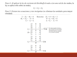 Paso 4: Al aplicar la ley de corriente de Kirchhoff al nodo a (en una red de dos nodos, la
ley se aplica sólo sobre un nodo),
Paso 5: Existen tres ecuaciones y tres incógnitas (se eliminan las unidades para mayor
claridad):
 