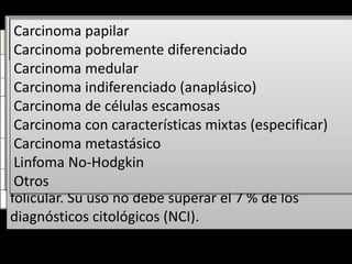 Fluido quístico solamente
Espécimen virtualmente acelular
Otros (oscurecido por sangre, material grumoso, etc.)
Compatible con nódulo folicular benigno.
Aquí se agrupan entidades clasificadas
histológicamente como bocio nodular,
nódulo hiperplásico (adenomatoide), nódulo coloide,
nódulos en enfermedad de
Graves Basedow y el subtipo macrofolicular de los
adenomas.
Compatible conTiroiditis linfocitaria (Hashimoto)
Compatible con tiroiditis granulomatosa (subaguda).
El término ASI está reservado para muestras que
contienen céls (foliculares, linfoides u otras) con
atipía arquitectural y/o nuclear que no es suficiente
para ser clasificada como sospechosa de neoplasia
folicular, sospechosa de malignidad o
maligna pero es más marcada que la atribuible a
cambios benignos.
El término LFSI es igualmente aceptado para la
mayoría de los casos en los que la atipía es de origen
folicular. Su uso no debe superar el 7 % de los
diagnósticos citológicos (NCI).
Especificar si es de tipo células de Hürthle
(oncocítica)
Sospechoso para carcinoma papilar
Sospechoso para carcinoma medular
Sospechoso para metástasis de carcinoma
Sospechoso para linfoma
Otros
Carcinoma papilar
Carcinoma pobremente diferenciado
Carcinoma medular
Carcinoma indiferenciado (anaplásico)
Carcinoma de células escamosas
Carcinoma con características mixtas (especificar)
Carcinoma metastásico
Linfoma No-Hodgkin
Otros
 