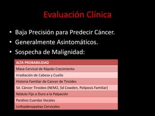 Evaluación Clínica
• Baja Precisión para Predecir Cáncer.
• Generalmente Asintomáticos.
• Sospecha de Malignidad:
ALTA PROBABILIDAD
Masa Cervical de Rápido Crecimiento
Irradiación de Cabeza y Cuello
Historia Familiar de Cancer de Tiroides
Sd. Cáncer Tiroideo (NEM2, Sd Cowden, Poliposis Familiar)
Nódulo Fijo o Duro a la Palpación
Parálisis Cuerdas Vocales
Linfoadenopatias Cervicales
 