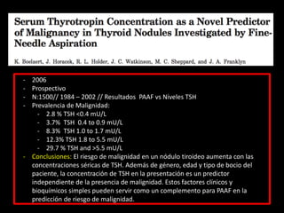 - 2006
- Prospectivo
- N:1500// 1984 – 2002 // Resultados PAAF vs Niveles TSH
- Prevalencia de Malignidad:
- 2.8 % TSH <0.4 mU/L
- 3.7% TSH 0.4 to 0.9 mU/L
- 8.3% TSH 1.0 to 1.7 mU/L
- 12.3% TSH 1.8 to 5.5 mU/L
- 29.7 % TSH and >5.5 mU/L
- Conclusiones: El riesgo de malignidad en un nódulo tiroideo aumenta con las
concentraciones séricas de TSH. Además de género, edad y tipo de bocio del
paciente, la concentración de TSH en la presentación es un predictor
independiente de la presencia de malignidad. Estos factores clínicos y
bioquímicos simples pueden servir como un complemento para PAAF en la
predicción de riesgo de malignidad.
 