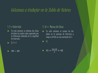 Columnas a trabajar en la Tabla de Valores
1. I=Intervalo
 En esta columna se ordenan dos tipos
de datos los cuales están separados por
la diferencia obtenida de la Amplitud
de intervalo.
 Ej. I=7
 39 − 45
2. Xi= Marca de Clase
 En esta columna se suman los dos
datos en la columna de Intervalo y
luego se divide en una constante de 2.
 Ej.
 𝑋𝑖 =
39+45
2
= 42
 