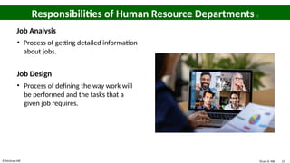 © McGraw Hill 15
Responsibilities of Human Resource Departments 2
Job Analysis
• Process of getting detailed information
about jobs.
Job Design
• Process of defining the way work will
be performed and the tasks that a
given job requires.
©Lars A. Niki
 