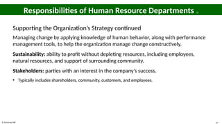 © McGraw Hill 27
Responsibilities of Human Resource Departments 12
Supporting the Organization’s Strategy continued
Managing change by applying knowledge of human behavior, along with performance
management tools, to help the organization manage change constructively.
Sustainability: ability to profit without depleting resources, including employees,
natural resources, and support of surrounding community.
Stakeholders: parties with an interest in the company’s success.
• Typically includes shareholders, community, customers, and employees.
 