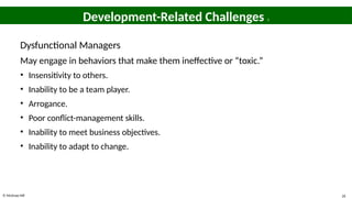 © McGraw Hill 26
Development-Related Challenges 3
Dysfunctional Managers
May engage in behaviors that make them ineffective or “toxic.”
• Insensitivity to others.
• Inability to be a team player.
• Arrogance.
• Poor conflict-management skills.
• Inability to meet business objectives.
• Inability to adapt to change.
 