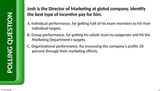 © McGraw Hill 21
POLLING
QUESTION
2
Josh is the Director of Marketing at global company. Identify
the best type of incentive pay for him.
A. Individual performance, for getting half of his team members to hit their
individual targets.
B. Group performance, for getting his whole team to cooperate and hit the
Marketing Department’s targets.
C. Organizational performance, for increasing the company’s profits 20
percent through their marketing efforts.
 