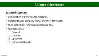 © McGraw Hill 22
Balanced Scorecard
Balanced Scorecard
• Combination of performance measures.
• Directed toward company’s long- and short-term goals.
• Used as the basis for awarding incentive pay.
• Four categories:
1. Financial.
2. Customer.
3. Operations.
4. Learning and Growth.
 