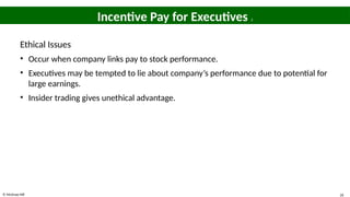 © McGraw Hill 26
Incentive Pay for Executives 3
Ethical Issues
• Occur when company links pay to stock performance.
• Executives may be tempted to lie about company’s performance due to potential for
large earnings.
• Insider trading gives unethical advantage.
 