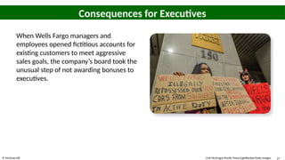 © McGraw Hill 27
Consequences for Executives
When Wells Fargo managers and
employees opened fictitious accounts for
existing customers to meet aggressive
sales goals, the company’s board took the
unusual step of not awarding bonuses to
executives.
Erik McGregor/Pacific Press/LightRocket/Getty Images
 