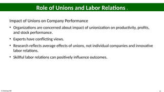 © McGraw Hill 11
Role of Unions and Labor Relations 6
Impact of Unions on Company Performance
• Organizations are concerned about impact of unionization on productivity, profits,
and stock performance.
• Experts have conflicting views.
• Research reflects average effects of unions, not individual companies and innovative
labor relations.
• Skillful labor relations can positively influence outcomes.
 