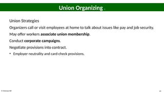 © McGraw Hill 24
Union Organizing 2
Union Strategies
Organizers call or visit employees at home to talk about issues like pay and job security.
May offer workers associate union membership.
Conduct corporate campaigns.
Negotiate provisions into contract.
• Employer neutrality and card-check provisions.
 