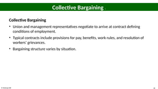 © McGraw Hill 26
Collective Bargaining 1
Collective Bargaining
• Union and management representatives negotiate to arrive at contract defining
conditions of employment.
• Typical contracts include provisions for pay, benefits, work rules, and resolution of
workers’ grievances.
• Bargaining structure varies by situation.
 
