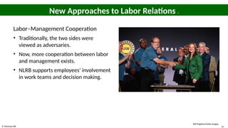 © McGraw Hill 37
New Approaches to Labor Relations 1
Labor–Management Cooperation
• Traditionally, the two sides were
viewed as adversaries.
• Now, more cooperation between labor
and management exists.
• NLRB supports employees’ involvement
in work teams and decision making.
Bill Pugliano/Getty Images
 