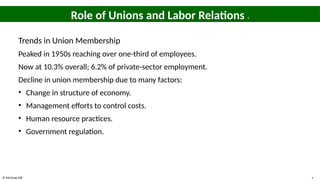 © McGraw Hill 7
Role of Unions and Labor Relations 4
Trends in Union Membership
Peaked in 1950s reaching over one-third of employees.
Now at 10.3% overall; 6.2% of private-sector employment.
Decline in union membership due to many factors:
• Change in structure of economy.
• Management efforts to control costs.
• Human resource practices.
• Government regulation.
 