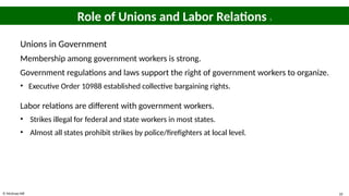 © McGraw Hill 10
Role of Unions and Labor Relations 5
Unions in Government
Membership among government workers is strong.
Government regulations and laws support the right of government workers to organize.
• Executive Order 10988 established collective bargaining rights.
Labor relations are different with government workers.
• Strikes illegal for federal and state workers in most states.
• Almost all states prohibit strikes by police/firefighters at local level.
 