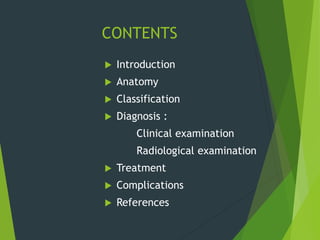 CONTENTS
 Introduction
 Anatomy
 Classification
 Diagnosis :
Clinical examination
Radiological examination
 Treatment
 Complications
 References
 