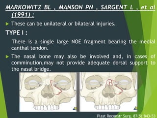 MARKOWITZ BL , MANSON PN , SARGENT L , et al
(1991) :
 These can be unilateral or bilateral injuries.
TYPE I :
There is a single large NOE fragment bearing the medial
canthal tendon.
 The nasal bone may also be involved and, in cases of
comminution,may not provide adequate dorsal support to
the nasal bridge.
Plast Reconstr Surg. 87(5):843-53
 