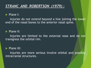 STRANC AND ROBERTSON (1979) :
 Plane I:
Injuries do not extend beyond a line joining the lower
end of the nasal bones to the anterior nasal spine.
 Plane II:
Injuries are limited to the external nose and do not
transgress the orbital rim.
 Plane III:
Injuries are more serious involve orbital and possibly
intracranial structures.
 