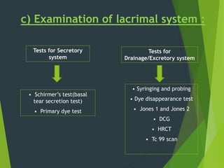 Tests for Secretory
system
Tests for
Drainage/Excretory system
• Schirmer’s test(basal
tear secretion test)
• Primary dye test
c) Examination of lacrimal system :
• Syringing and probing
• Dye disappearance test
• Jones 1 and Jones 2
• DCG
• HRCT
• Tc 99 scan
 