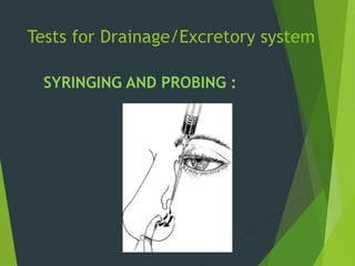 Tests for Drainage/Excretory system
SYRINGING AND PROBING :
 