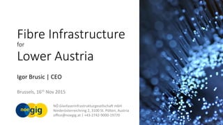 NÖ	Glasfaserinfrastrukturgesellscha3	mbH	
Niederösterreichring	2,	3100	St.	Pölten,	Austria	
oﬃce@noegig.at	|	+43-2742-9000-19770	
Fibre Infrastructure
for
Lower Austria
	
Igor	Brusic	|	CEO	
	
Brussels,	16th	Nov	2015	
	
 
