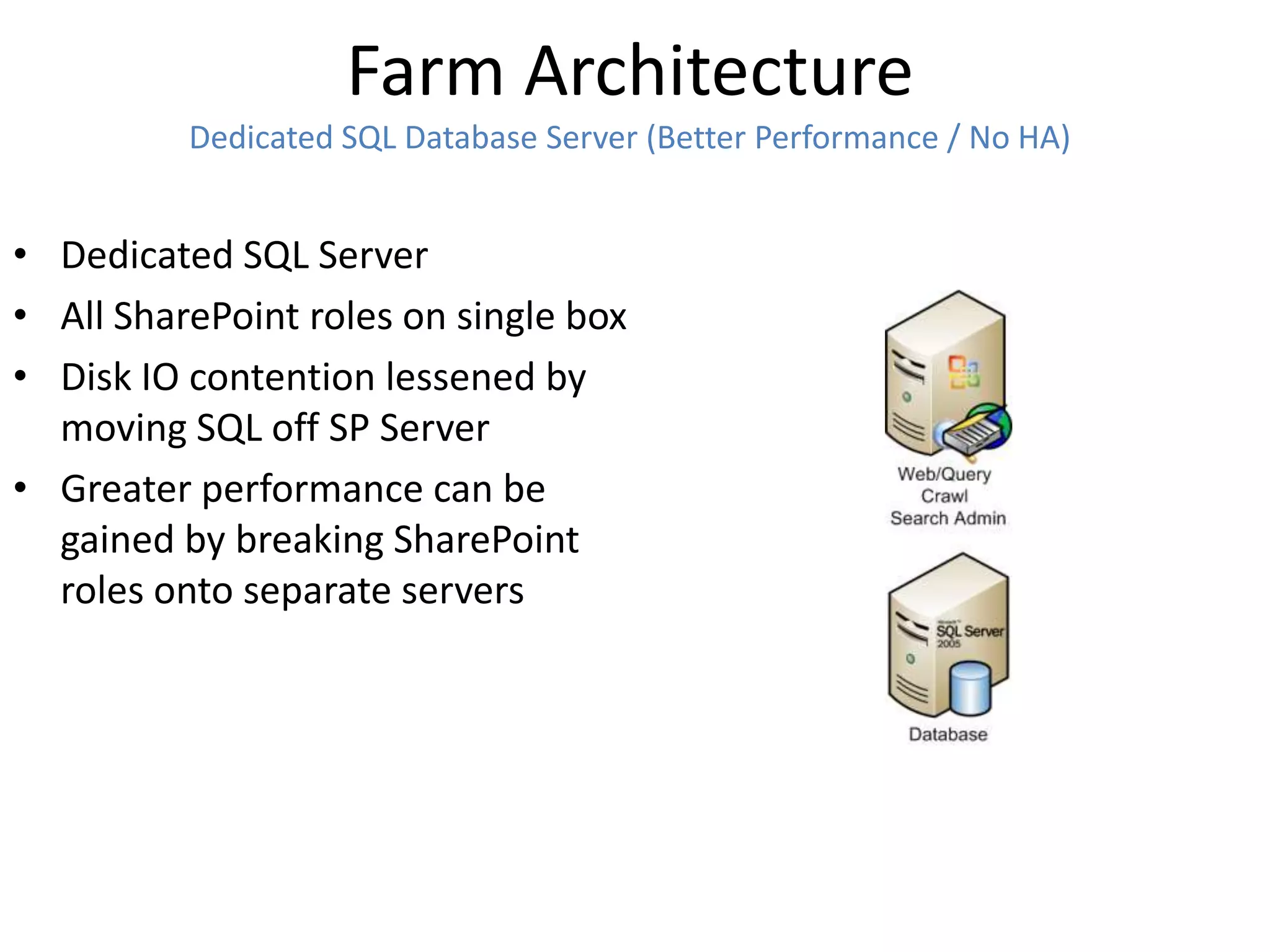 Farm Architecture
          Dedicated SQL Database Server (Better Performance / No HA)


• Dedicated SQL Server
• All SharePoint roles on single box
• Disk IO contention lessened by
  moving SQL off SP Server
• Greater performance can be
  gained by breaking SharePoint
  roles onto separate servers
 