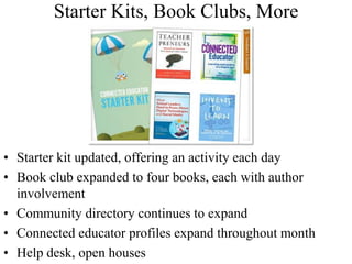 Starter Kits, Book Clubs, More
• Starter kit updated, offering an activity each day
• Book club expanded to four books, each with author
involvement
• Community directory continues to expand
• Connected educator profiles expand throughout month
• Help desk, open houses
 