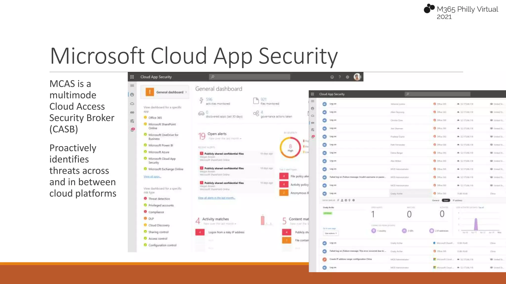 Microsoft Cloud App Security
MCAS is a
multimode
Cloud Access
Security Broker
(CASB)
Proactively
identifies
threats across
and in between
cloud platforms
 