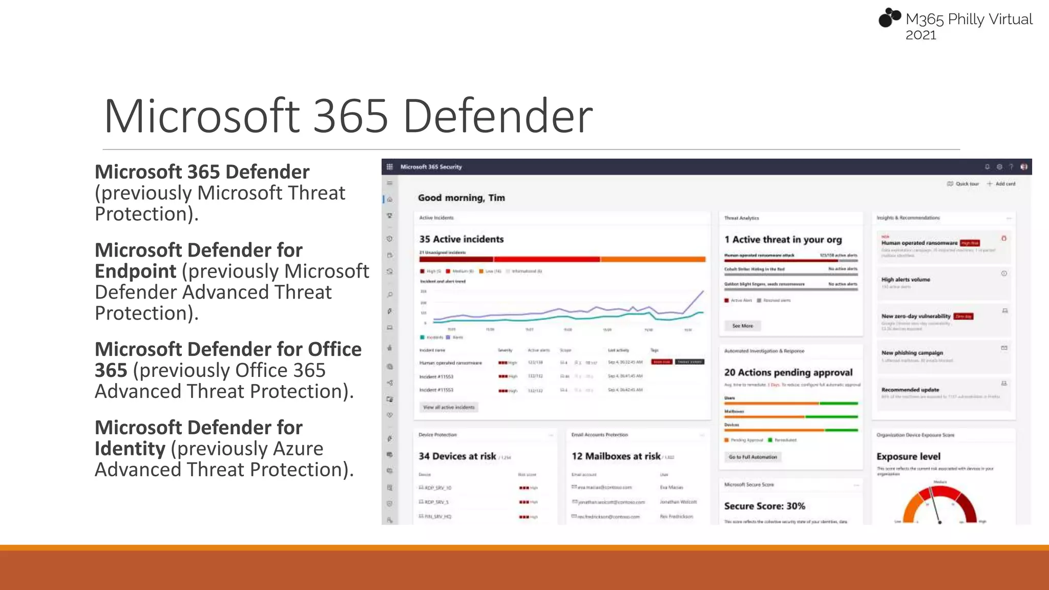 Microsoft 365 Defender
Microsoft 365 Defender
(previously Microsoft Threat
Protection).
Microsoft Defender for
Endpoint (previously Microsoft
Defender Advanced Threat
Protection).
Microsoft Defender for Office
365 (previously Office 365
Advanced Threat Protection).
Microsoft Defender for
Identity (previously Azure
Advanced Threat Protection).
 