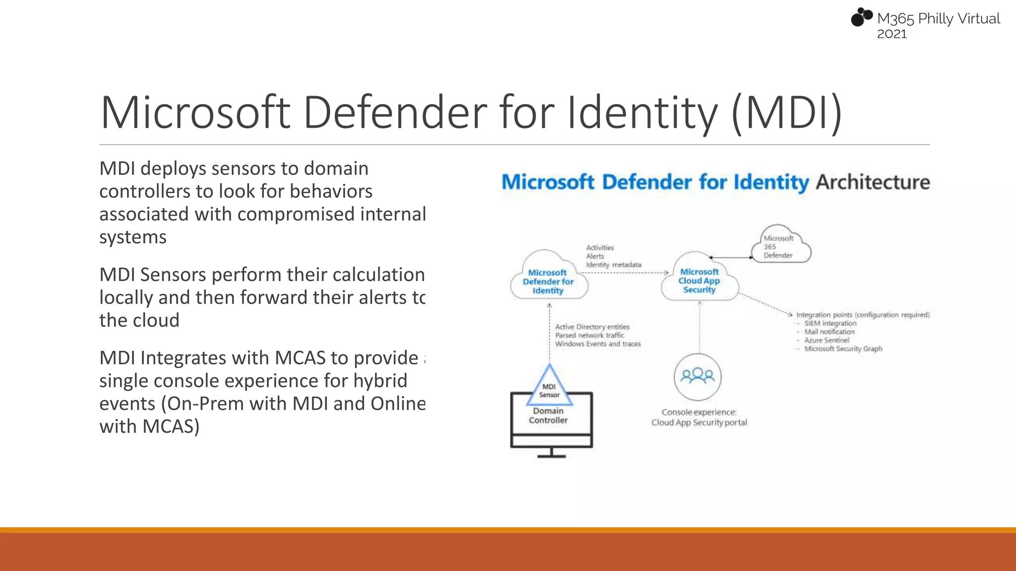 Microsoft Defender for Identity (MDI)
MDI deploys sensors to domain
controllers to look for behaviors
associated with compromised internal
systems
MDI Sensors perform their calculations
locally and then forward their alerts to
the cloud
MDI Integrates with MCAS to provide a
single console experience for hybrid
events (On-Prem with MDI and Online
with MCAS)
 