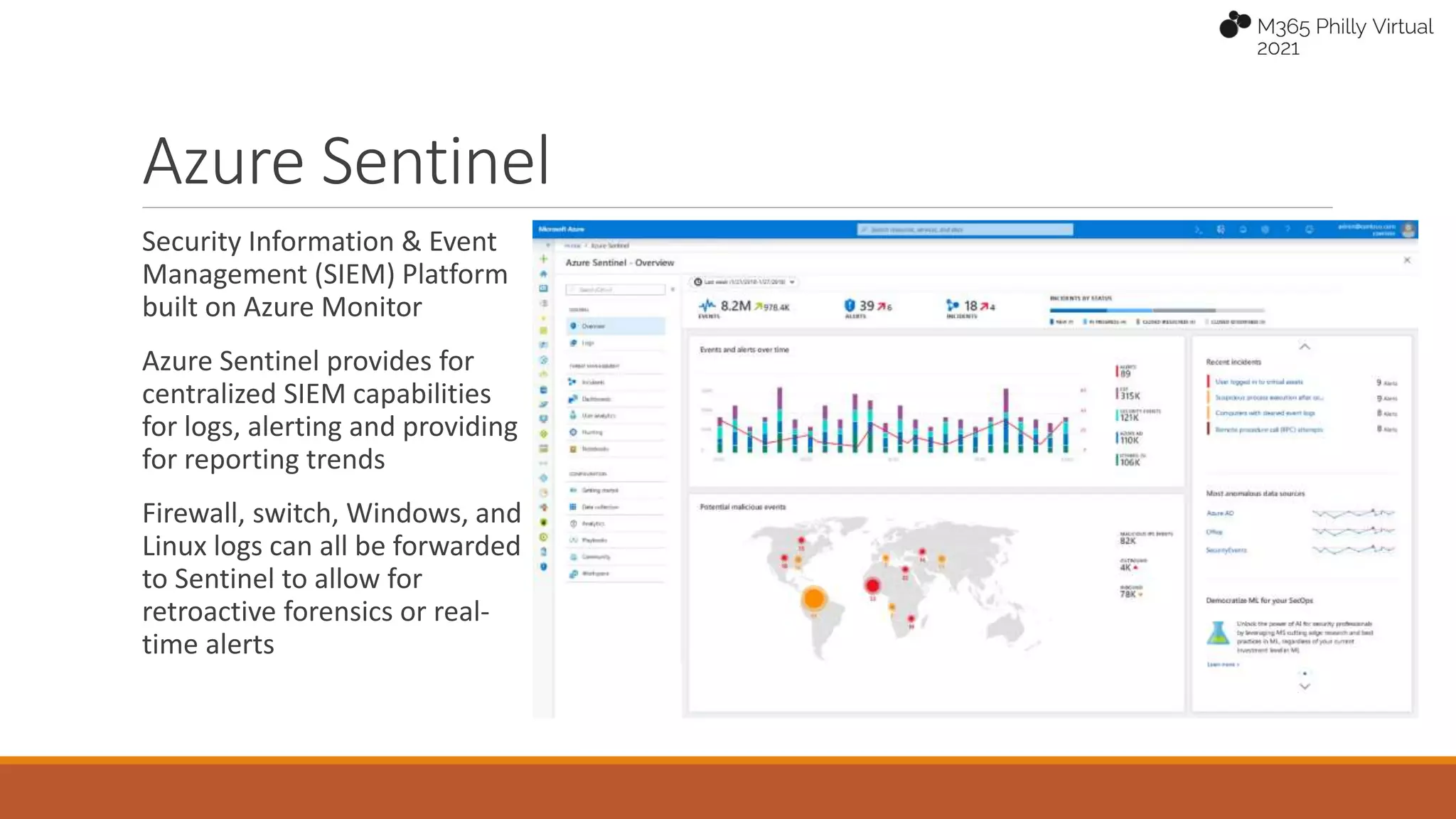Azure Sentinel
Security Information & Event
Management (SIEM) Platform
built on Azure Monitor
Azure Sentinel provides for
centralized SIEM capabilities
for logs, alerting and providing
for reporting trends
Firewall, switch, Windows, and
Linux logs can all be forwarded
to Sentinel to allow for
retroactive forensics or real-
time alerts
 