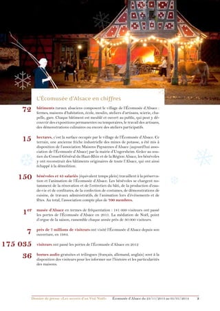 ❅

❄

❄

❄

72

bâtiments ruraux alsaciens composent le village de l’Écomusée d’Alsace :
fermes, maisons d’habitation, école, moulin, ateliers d’artisans, scierie, chapelle, gare.…Chaque bâtiment est meublé et ouvert au public, qui peut y découvrir des expositions permanentes ou temporaires, le travail des artisans,
des démonstrations culinaires ou encore des ateliers participatifs.

15

hectares, c’est la surface occupée par le village de l’Écomusée d’Alsace. Ce
terrain, une ancienne friche industrielle des mines de potasse, a été mis à
disposition de l’association Maisons Paysannes d’Alsace (aujourd’hui association de l’Écomusée d’Alsace) par la mairie d’Ungersheim. Grâce au soutien du Conseil Général du Haut-Rhin et de la Région Alsace, les bénévoles
y ont reconstruit des bâtiments originaires de toute l’Alsace, qui ont ainsi
échappé à la démolition.

❆
150

bénévoles et 45 salariés (équivalent temps plein) travaillent à la préservation et l’animation de l’Écomusée d’Alsace. Les bénévoles se chargent notamment de la rénovation et de l’entretien du bâti, de la production d’eaude-vie et de confitures, de la confection de costumes, de démonstrations de
cuisine, de travaux administratifs, de l’animation lors d’événements et de
fêtes. Au total, l’association compte plus de 700 membres.

1er

❆

musée d’Alsace en termes de fréquentation : 181 000 visiteurs ont passé
les portes de l’Écomusée d’Alsace en 2011. La médiation de Noël, point
d’orgue de la saison, rassemble chaque année près de 30 000 visiteurs.

7
175 035
36

❅

près de 7 millions de visiteurs ont visité l’Écomusée d’Alsace depuis son
ouverture, en 1984.
visiteurs ont passé les portes de l’Écomusée d’Alsace en 2012
bornes audio gratuites et trilingues (français, allemand, anglais) sont à la
disposition des visiteurs pour les informer sur l’histoire et les particularités
des maisons.

Dossier de presse «Les secrets d’un Vrai Noël»	

Écomusée d’Alsace du 23/11/2013 au 05/01/2014

5

 