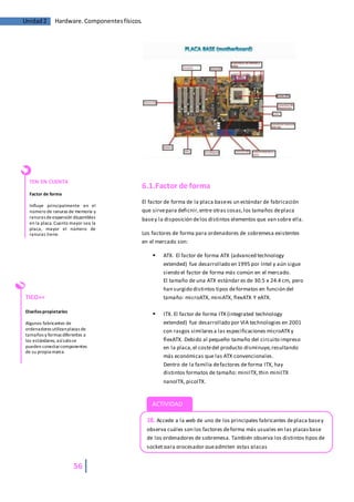 56
Unidad2 Hardware.Componentesfísicos.
6.1.Factor de forma
El factor de forma de la placa basees un estándar de fabricación
que sirvepara deficnir,entre otras cosas,los tamaños deplaca
basey la disposición delos distintos elementos que van sobre ella.
Los factores de forma para ordenadores de sobremesa existentes
en el mercado son:
 ATX. El factor de forma ATX (advanced technology
extended) fue desarrollado en 1995 por Intel y aún sigue
siendo el factor de forma más común en el mercado.
El tamaño de una ATX estándar es de 30.5 x 24.4 cm, pero
han surgido distintos tipos deformatos en función del
tamaño: microATX, miniATX, flexATX Y eATX.
 ITX. El factor de forma ITX (integrated technology
extended) fue desarrollado por VIA technologies en 2001
con rasgos similaresa las especificaciones microATX y
flexATX. Debido al pequeño tamaño del circuito impreso
en la placa,el costedel producto disminuye,resultando
más económicas que las ATX convencionales.
Dentro de la familia defactores de forma ITX, hay
distintos formatos de tamaño: miniITX,thin miniITX
nanoITX, picoITX.
TEN EN CUENTA
Factor de forma
Influye principalmente en el
número de ranuras de memoria y
ranuras deexpansión disponibles
en la placa. Cuanto mayor sea la
placa, mayor el número de
ranuras tiene.
TICO++
Diseñospropietarios
Algunos fabricantes de
ordenadores utilizanplacas de
tamaños y formas diferentes a
los estándares, asísolose
pueden conectarcomponentes
de su propia marca
18. Accede a la web de uno de los principales fabricantes deplaca basey
observa cuáles son los factores deforma más usuales en las placasbase
de los ordenadores de sobremesa. También observa los distintos tipos de
socket para procesador queadmiten estas placas
ACTIVIDAD
 