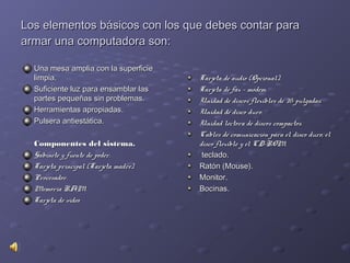 Los elementos básicos con los qquuee ddeebbeess ccoonnttaarr ppaarraa 
aarrmmaarr uunnaa ccoommppuuttaaddoorraa ssoonn:: 
UUnnaa mmeessaa aammpplliiaa ccoonn llaa ssuuppeerrffiicciiee 
lliimmppiiaa.. 
SSuuffiicciieennttee lluuzz ppaarraa eennssaammbbllaarr llaass 
ppaarrtteess ppeeqquueeññaass ssiinn pprroobblleemmaass.. 
HHeerrrraammiieennttaass aapprrooppiiaaddaass.. 
PPuullsseerraa aannttiieessttááttiiccaa.. 
CCoommppoonneenntteess ddeell ssiisstteemmaa.. 
GGaabbiinneettee yy ffuueennttee ddee ppooddeerr.. 
TTaarrjjeettaa pprriinncciippaall ((TTaarrjjeettaa mmaaddrree)).. 
PPrroocceessaaddoorr.. 
MMeemmoorriiaa RRAAMM.. 
TTaarrjjeettaa ddee vviiddeeoo.. 
TTaarrjjeettaa ddee aauuddiioo ((OOppcciioonnaall)).. 
TTaarrjjeettaa ddee ffaaxx –– mmóóddeemm.. 
UUnniiddaadd ddee ddiissccooss fflleexxiibblleess ddee 33½ ppuullggaaddaass.. 
UUnniiddaadd ddee ddiissccoo dduurroo.. 
UUnniiddaadd lleeccttoorraa ddee ddiissccooss ccoommppaaccttooss.. 
CCaabblleess ddee ccoommuunniiccaacciióónn ppaarraa eell ddiissccoo dduurroo,, eell 
ddiissccoo fflleexxiibbllee yy eell CCDD--RROOMM.. 
tteeccllaaddoo.. 
RRaattóónn ((MMoouussee)).. 
MMoonniittoorr.. 
BBoocciinnaass.. 
 