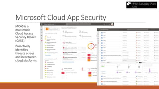 Microsoft Cloud App Security
MCAS is a
multimode
Cloud Access
Security Broker
(CASB)
Proactively
identifies
threats across
and in between
cloud platforms
 