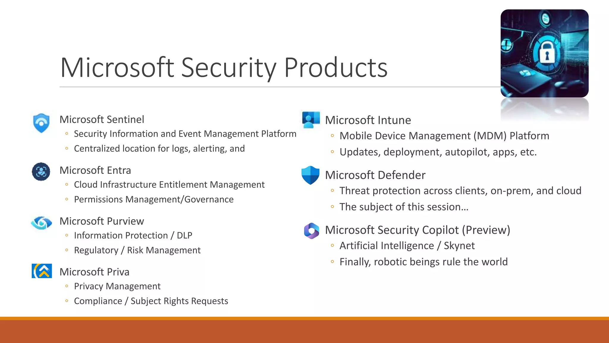 Microsoft Security Products
Microsoft Sentinel
◦ Security Information and Event Management Platform
◦ Centralized location for logs, alerting, and
Microsoft Entra
◦ Cloud Infrastructure Entitlement Management
◦ Permissions Management/Governance
Microsoft Purview
◦ Information Protection / DLP
◦ Regulatory / Risk Management
Microsoft Priva
◦ Privacy Management
◦ Compliance / Subject Rights Requests
Microsoft Intune
◦ Mobile Device Management (MDM) Platform
◦ Updates, deployment, autopilot, apps, etc.
Microsoft Defender
◦ Threat protection across clients, on-prem, and cloud
◦ The subject of this session…
Microsoft Security Copilot (Preview)
◦ Artificial Intelligence / Skynet
◦ Finally, robotic beings rule the world
 