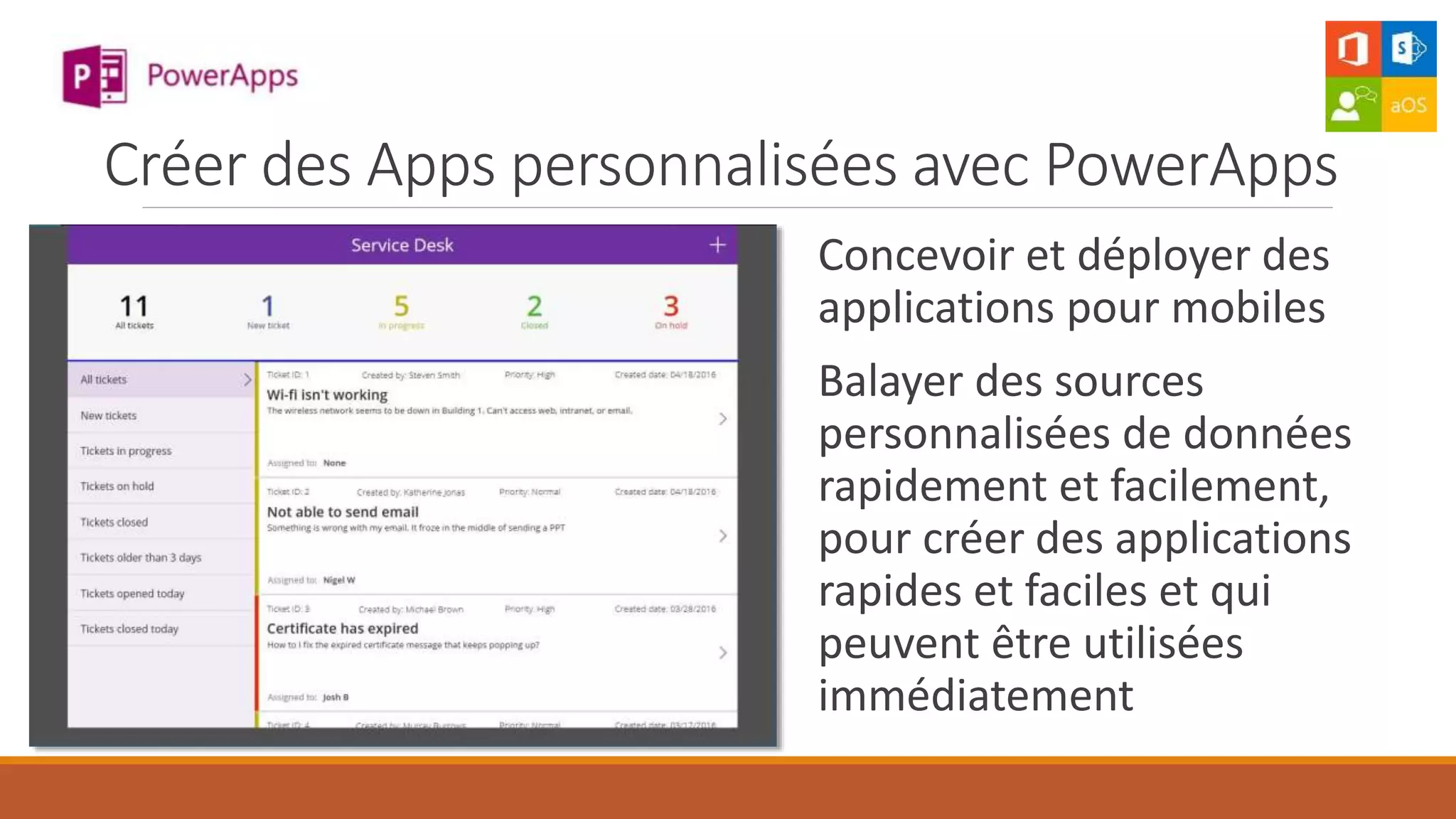 Créer des Apps personnalisées avec PowerApps
Concevoir et déployer des
applications pour mobiles
Balayer des sources
personnalisées de données
rapidement et facilement,
pour créer des applications
rapides et faciles et qui
peuvent être utilisées
immédiatement
 