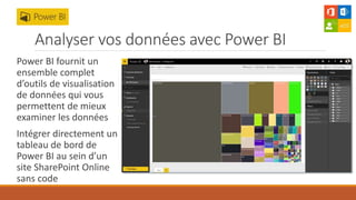 Analyser vos données avec Power BI
Power BI fournit un
ensemble complet
d’outils de visualisation
de données qui vous
permettent de mieux
examiner les données
Intégrer directement un
tableau de bord de
Power BI au sein d’un
site SharePoint Online
sans code
 
