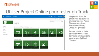 Utiliser Project Online pour rester on Track
Intégrer les Plans de
projet avec des données
d’entreprise avec Power
BI et partagez-le sur
SharePoint Online /
Office 365 groupes
Partage rapide et facile
de fichiers MPP a l’aide
de Project Web App sans
avoir besoin du Client
"Project"
 